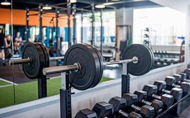 Fototapeta premium Close-up of weights in a gym with other equipment in the background.
