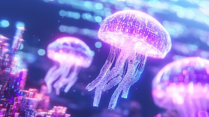 Obraz premium Magical Pixelated Coral Reef with Glowing Jellyfish in Surreal Underwater Landscape