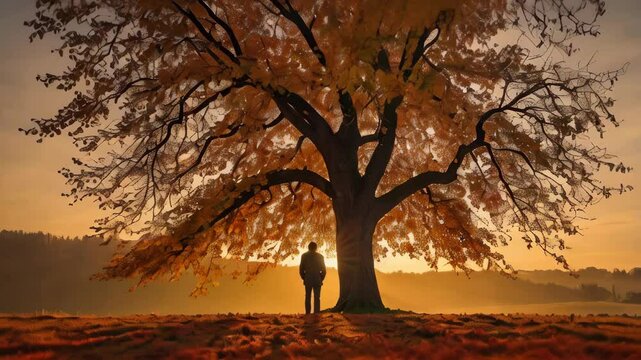 A solitary figure stands under a large autumn tree at sunset in a serene landscape