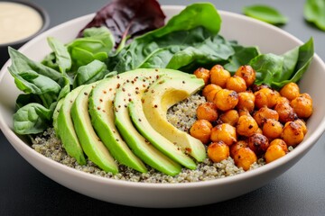 A wholesome bowl of quinoa, avocado, roasted chickpeas, and leafy greens, a perfect example of a nutrient-dense, plant-based meal