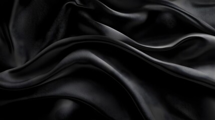 Fototapeta premium a close-up view of black fabric with a smooth, silky texture. The fabric is draped and folded in a way that creates soft, flowing waves and curves