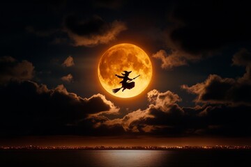 A witch flying on a broomstick across a full moon on Halloween night, with dark clouds swirling in the sky and distant city lights below