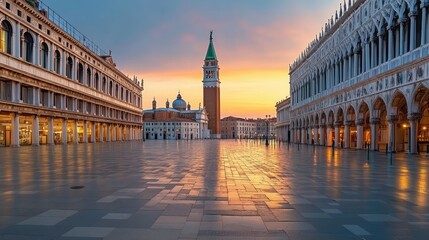 Fototapeta premium An empty Piazza San Marco in Venice, with the bell tower and St. Mark Basilica in the background.