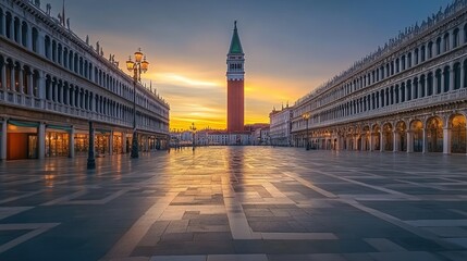 Fototapeta premium An empty Piazza San Marco in Venice, with the bell tower and St. Mark Basilica in the background.