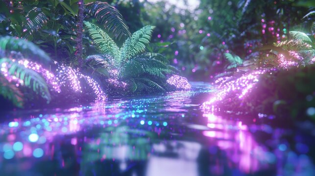 Glowing Neon Forest with Digital River: Surreal Bioluminescent Landscape with Reflective Waters