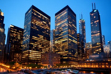 Fototapeta premium An urban skyline illuminated at night, with architectural lighting highlighting the sleek designs of modern skyscrapers and office buildings