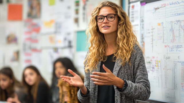 high school teacher standing in front of a smart board, enthusiastically explaining a complex math problem to a classroom full of engaged students.