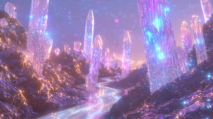 Mystical Canyon of Glowing Crystals with River of Light - Surreal Otherworldly Landscape