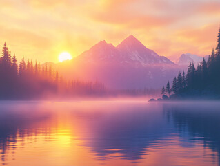 Obraz premium serene mountain lake sunset with fog and silhouettes of trees