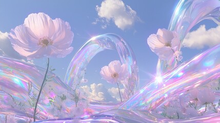 Obraz premium Serene Meadow of Glowing Flowers and Digital Skies