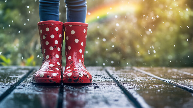Red Polka Dot Rain Boots in the Rain with Rainbow. A pair of bright red polka dot rain boots standing on a wet wooden deck, with raindrops falling and a rainbow shining in the background, symbolizing 