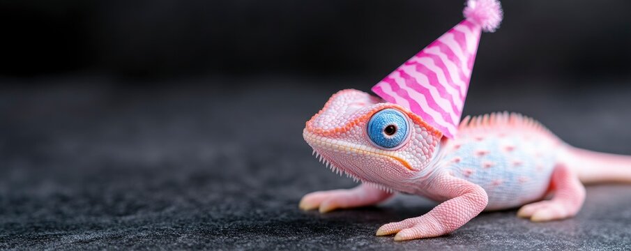 Happy birthday, celebration, and humorous greeting card featuring a chameleon lizard wearing a pink party hat on a black background texture of a wall.