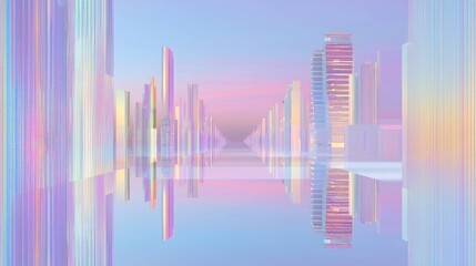 Fototapeta premium Vibrant Urban Twilight: Futuristic Cityscape with Glowing Skyscrapers and Colorful Sunset Reflections