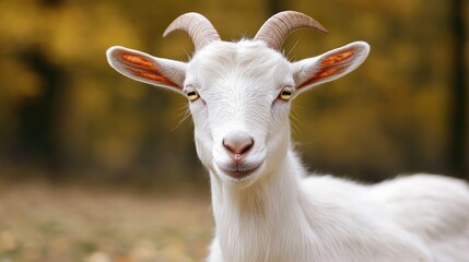 Close-up of a Saanen goat's face, showing its gentle expression and distinctive upright ears, surrounded by nature in a peaceful rural setting.