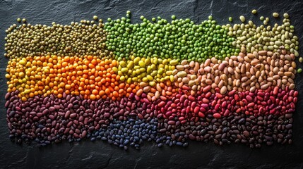 A vibrant display of bean varieties, from green mung beans to red kidney beans, arranged in a rainbow pattern on a dark slate background