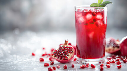 A glass of fresh pomegranate juice, with a few pomegranate seeds scattered around, placed on a clean white background. Generative AI