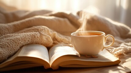 A white ceramic cup of hot tea on a wooden table, with steam rising, surrounded by an open book and a cozy blanket in a softly lit room