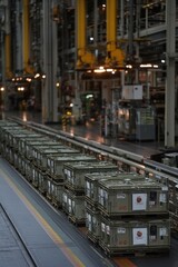 Stacks of green crates on a conveyor belt in a large industrial factory.