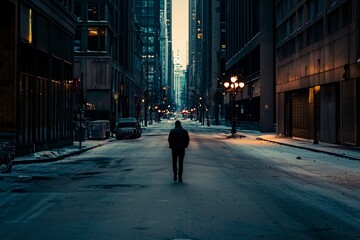 A lone individual strides through a desolate avenue, reflecting the essence of disconnection in a bustling city.