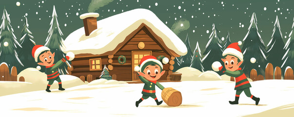 Pintura three Christmas Elves Preparing Gifts Outside a Snowy Cabin.