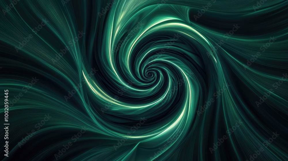 Poster abstract lines in shades of green and teal forming a spiral pattern, creating a dynamic, futuristic 