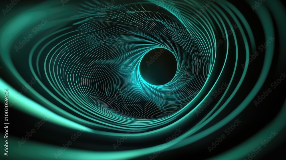 Poster abstract lines in shades of green and teal forming a spiral pattern, creating a dynamic, futuristic 