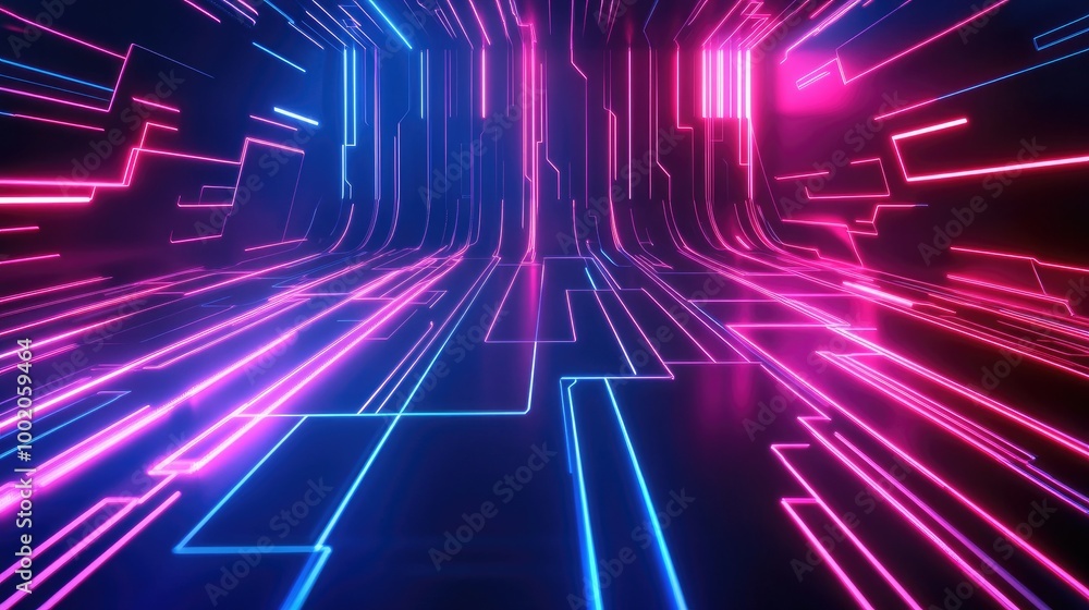 Poster abstract neon lines forming a geometric pattern with a 3d perspective on a dark background, giving a