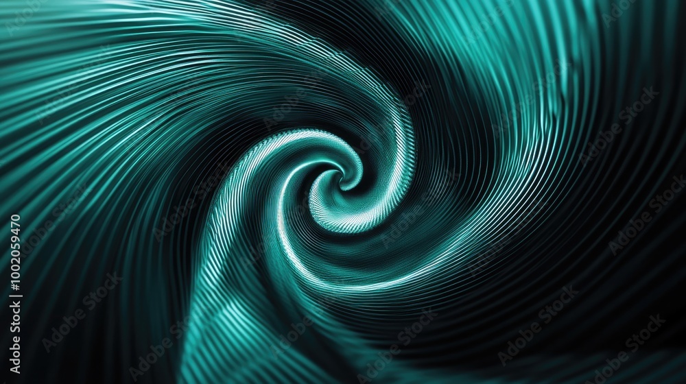 Poster abstract lines in shades of green and teal forming a spiral pattern, creating a dynamic, futuristic 