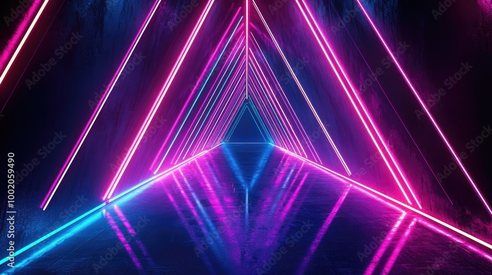 Poster abstract neon lines forming a geometric pattern with a 3d perspective on a dark background, giving a