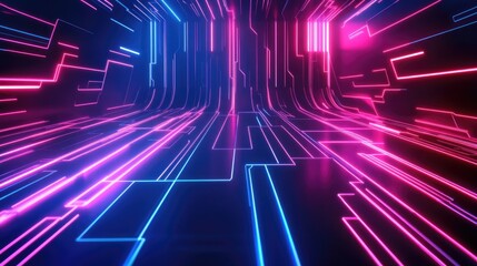 Fototapeta premium Abstract neon lines forming a geometric pattern with a 3D perspective on a dark background, giving a high-tech and futuristic feel 21b6d