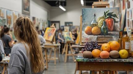 A lively art studio, students focused on painting a still-life of fruits and bottles, easels arranged in a circle, rich textures and colors filling the scene