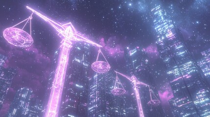 Techno-Utopian Metropolis: City Skyline with Integrated Libra Scales, Neon Illumination, and Starry Night Sky