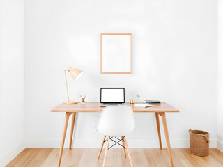 Interior of modern home office with white walls, wooden floor, white computer table with white chair and mock up poster frame. 3d rendering