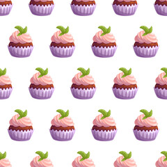 Seamless pattern with chocolate cupcake with pink cream. Vector illustration.