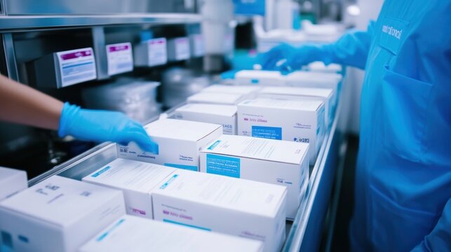 Two people in blue gloves reach for boxes of medical supplies on a shelf in a sterile room.