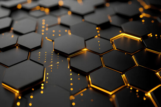 Luxury hexagonal abstract black metal background with golden light lines. Dark 3d geometric texture illustration. Bright grid pattern. Pure black horizontal banner wallpaper. Carbon elegant wedding BG