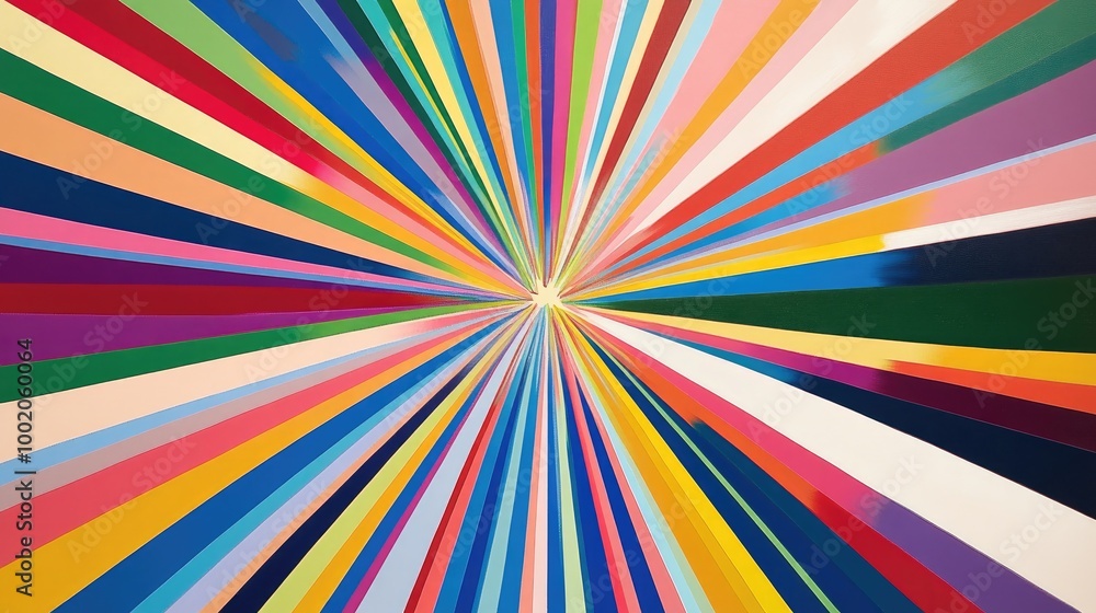 Poster colorful overlapping abstract lines radiating from a central point, creating a sunburst-like pattern