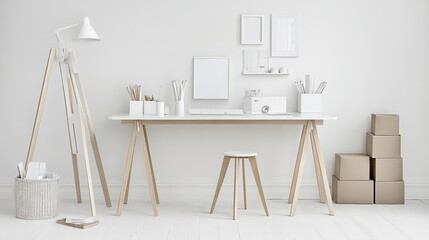 A minimalist workspace with a clean desk, art supplies, and storage boxes, promoting creativity.
