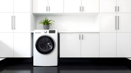 modern white kitchen with washing machine and plant - 3d rendered illustration