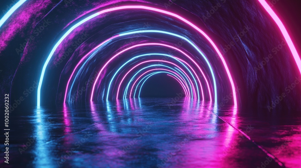 Aufkleber curved neon lines forming a tunnel-like effect on a dark background, creating a sense of depth, move