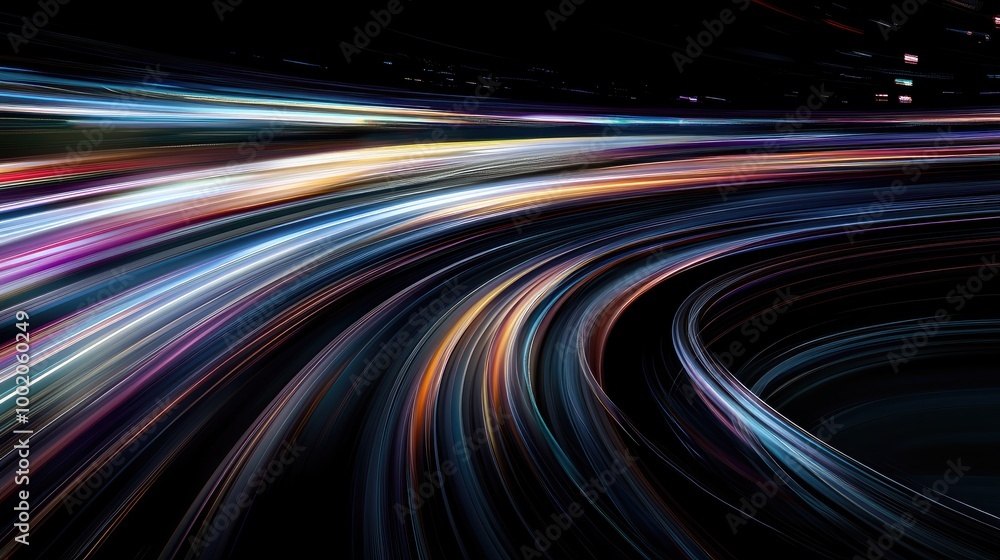 Poster dynamic abstract lines with motion blur in various colors, giving a sense of speed and acceleration 