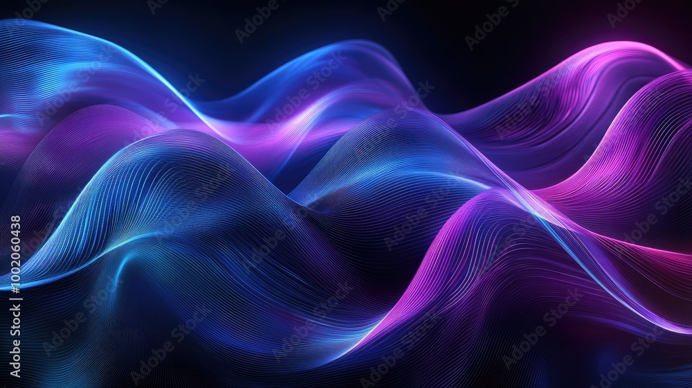Poster elegant abstract lines flowing in a wave pattern, with glowing blue and purple hues, creating a sens
