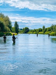 Fishermen expertly deploy diverse tackle and methods while casting their lines into a flowing waterway.