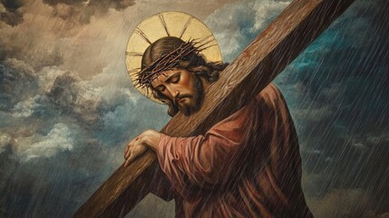Obraz premium Icon of Jesus carrying the cross, set against a dramatic background of a stormy sky