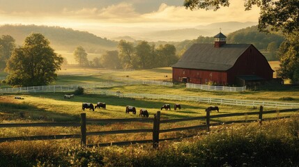 Farm animals grazing under the early morning sun, with soft light highlighting a red barn, white fence, and the peaceful, rural landscape in the background