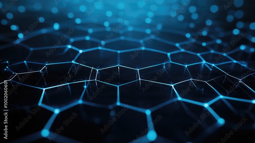 Poster geometric abstract lines forming a hexagonal grid pattern on a dark blue background, symbolizing tec
