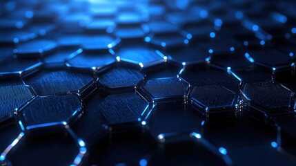 Fototapeta premium Geometric abstract lines forming a hexagonal grid pattern on a dark blue background, symbolizing technology, networks, and structure