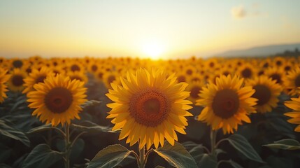 A morning sunrise over a field of sunflowers in a perfect circle, petals glowing with golden light, mist gently rising from the ground, peaceful scene