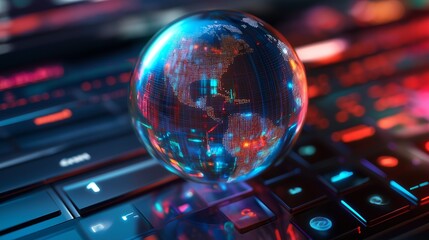 A 3D search engine globe with swirling search queries around it, representing the dynamic nature of internet searches.