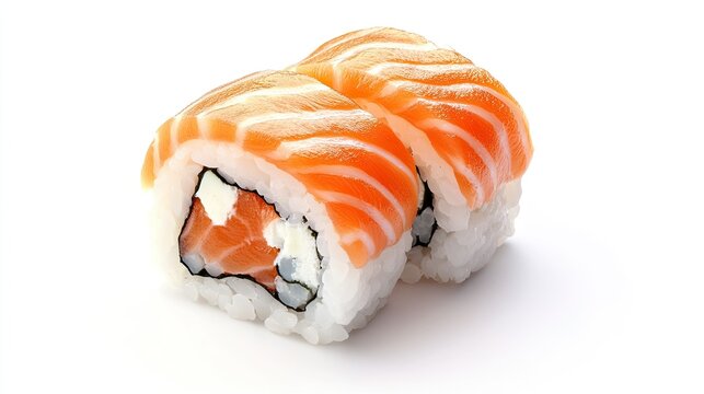 recommend clip art: Iconic sushi roll with salmon and rice, placed on a clean white background, representing Japanese cuisine.